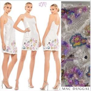 Mac Duggal 93628 Sequined Mixed Media Floral Embellished Mini Dress Size 6 White